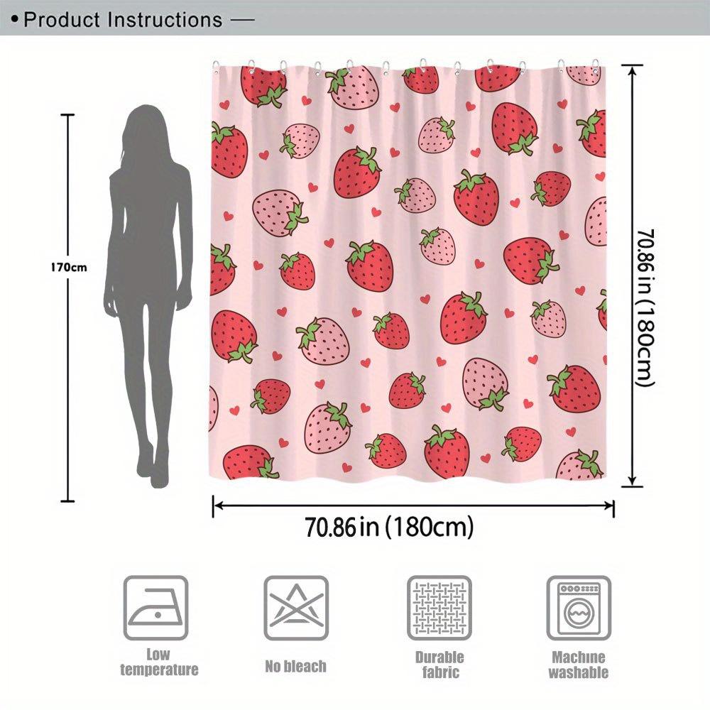 A Sweet and Whimsical Shower Curtain: Adorn Your Bathroom with This Charming Design Featuring Playful Strawberries and Hearts