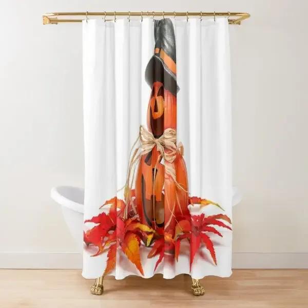Autumn Fall Shower Curtains Brown with Thanksgiving Harvest Pumpkin Bathroom Curtain for Halloween Party Home Decor with Hooks