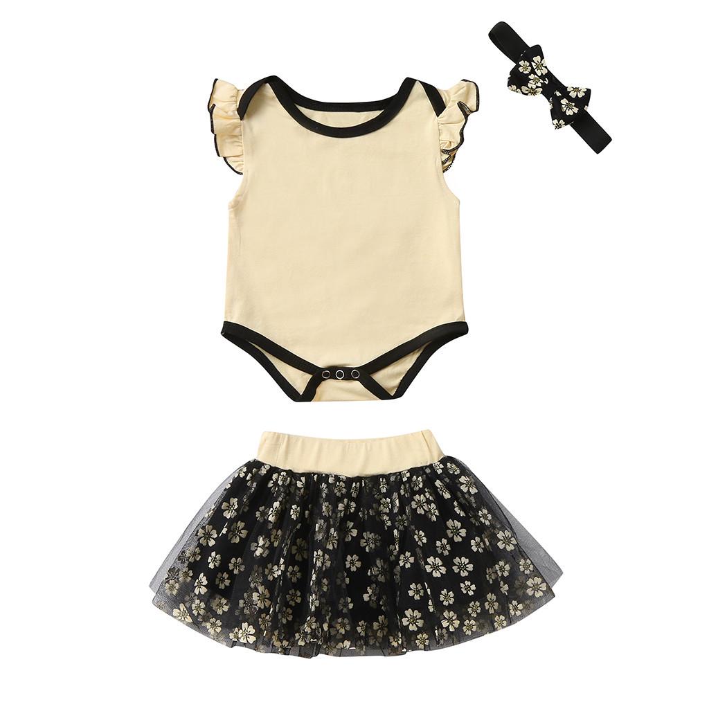 Newborn Infant Baby Girls Fly Sleeve Romper +Floral Sequin Tulle Skirts Set