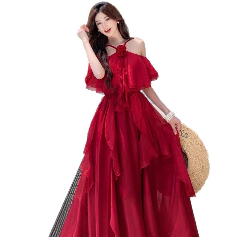 Blovelan Rose Cloud Mist Vintage Bright Off-shoulder Off-shoulder Chiffon Off-shoulder Ruffled Large Hem Dress for Summer