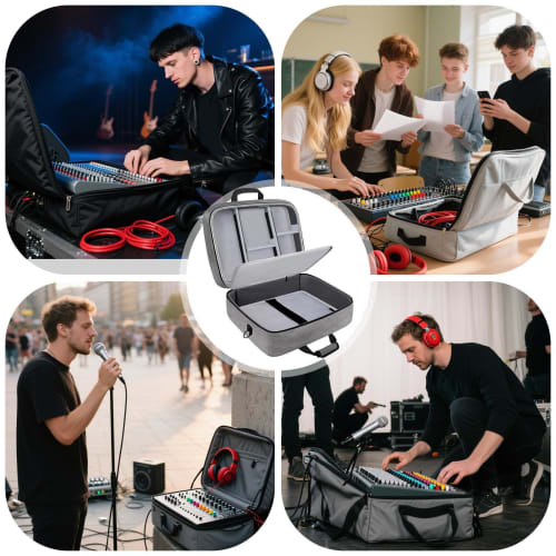 Mimoqk Audio Mixer Carrying Case | Adjustable Cable File Bag for DJ Gear | Shock-Absorbing Padded Storage for Cables, Microphones, and Other Sound Acc