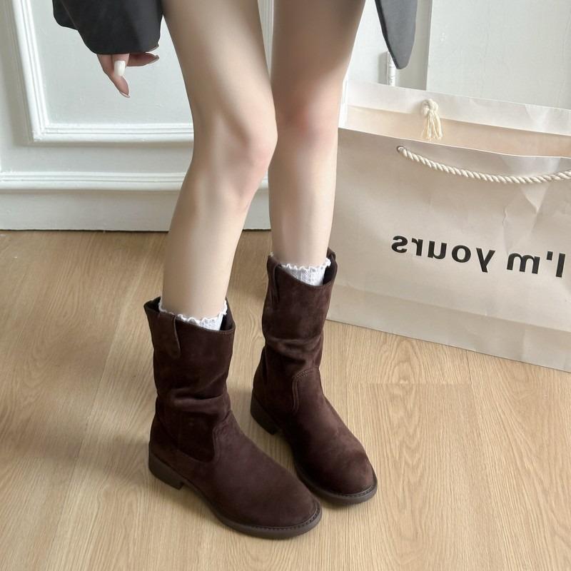 Cow Suede Ankle Mid Heel Modern Boots Square Heel Solid Women's Shoes 2025 Hot Sale Spring/autumn Slip-on Women's Boots