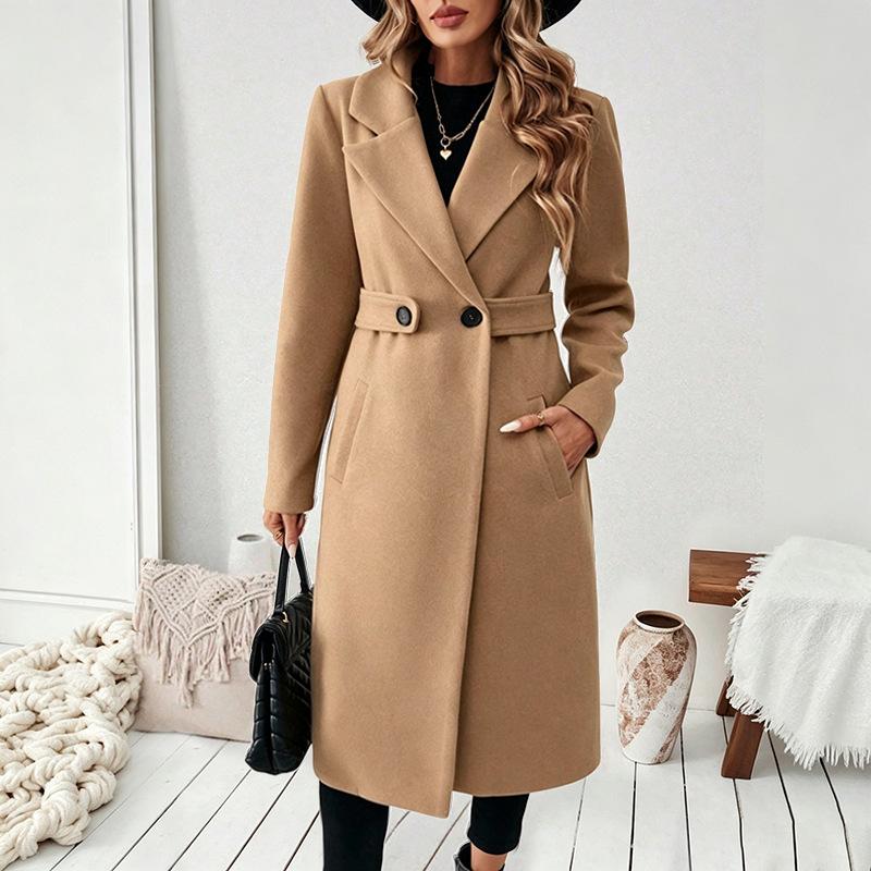 2026 Autumn and Winter New Temperament Extended Slim Jacket European and American Women's Lapel Double-breasted Woolen Coat