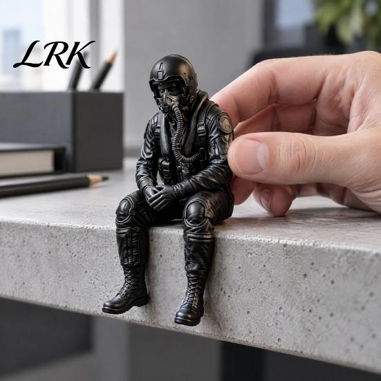 Military Desk Ornaments 3D Printed Pilot Figurine, Realistic Seated Aviator Statue for and Unique Bookshelf Hanging Decor Decor, Style Shelf