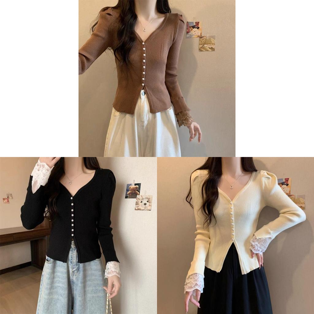 Private Lady Knit Cardigan With Lace Splicing And Princess Sleeves For Spring Wear