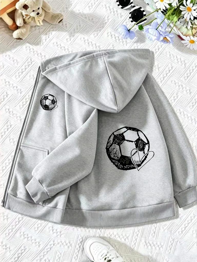 Kids Soccer Heart Graphic Zip Up Hoodie Loose Long Sleeve Hooded Jacket Casual Daily Sports Outerwear For Boys Girls