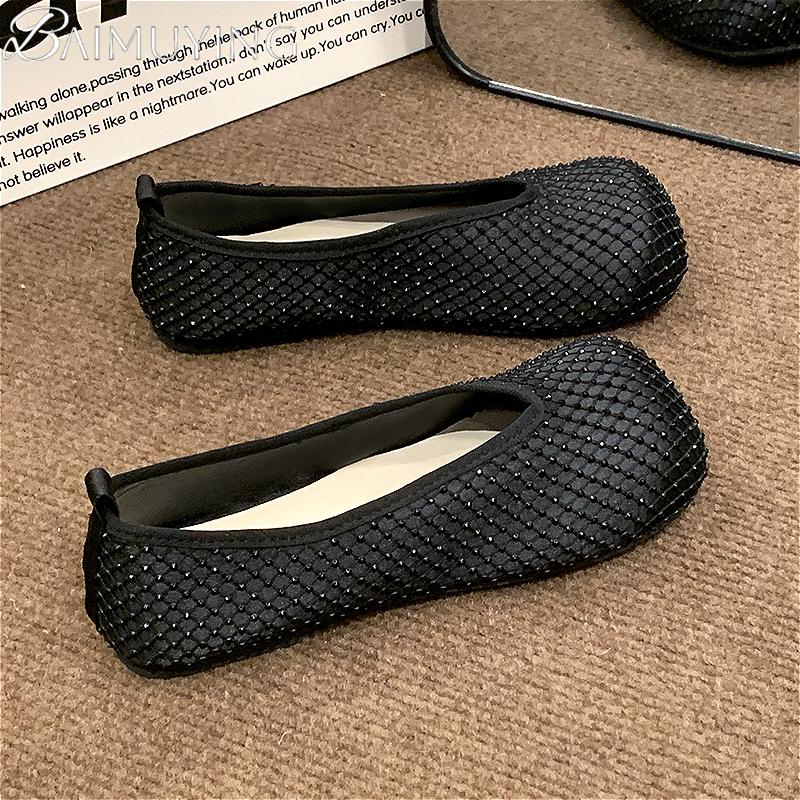 Fashion Flats Ballet Shoes Women Sandals Mesh Crystal Square Toe Mary Jane Summer New 2025 Design Shallow Loafer Dress Casual Sandalias