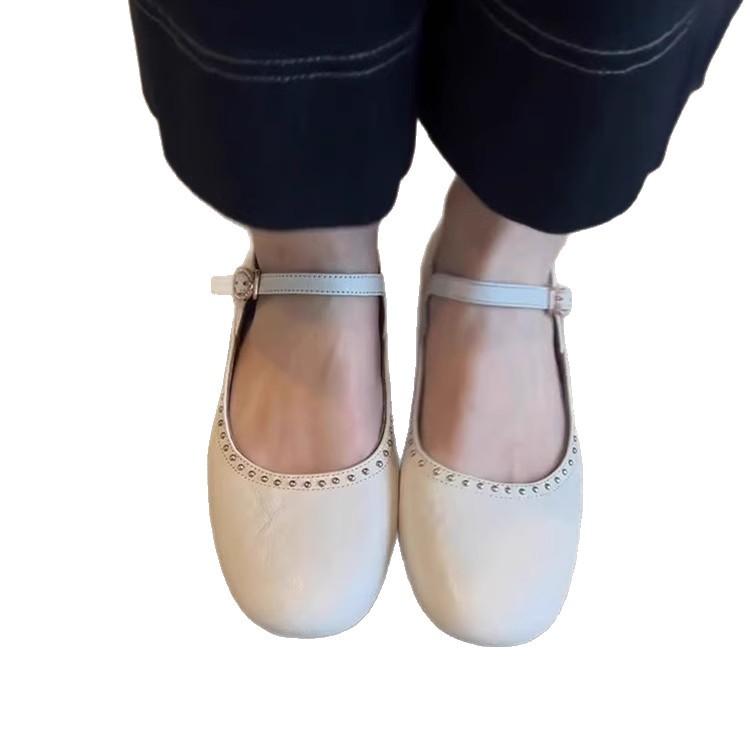 Sheepskin Version~ Spring New Shallow Mouth One-word Buckle Leather Single Shoes Women's Versatile Rivets Flat Bottom Round Head Mary Jane Shoes