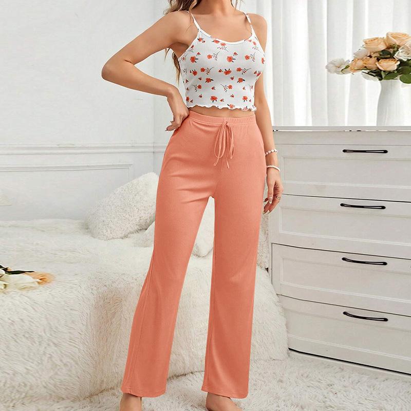 Summer Sling Pajamas Set Women Pants and Sleeveless Tops Set Round Neck Sleepwear Girls Flower Print Loungewear Homewear Pyjamas