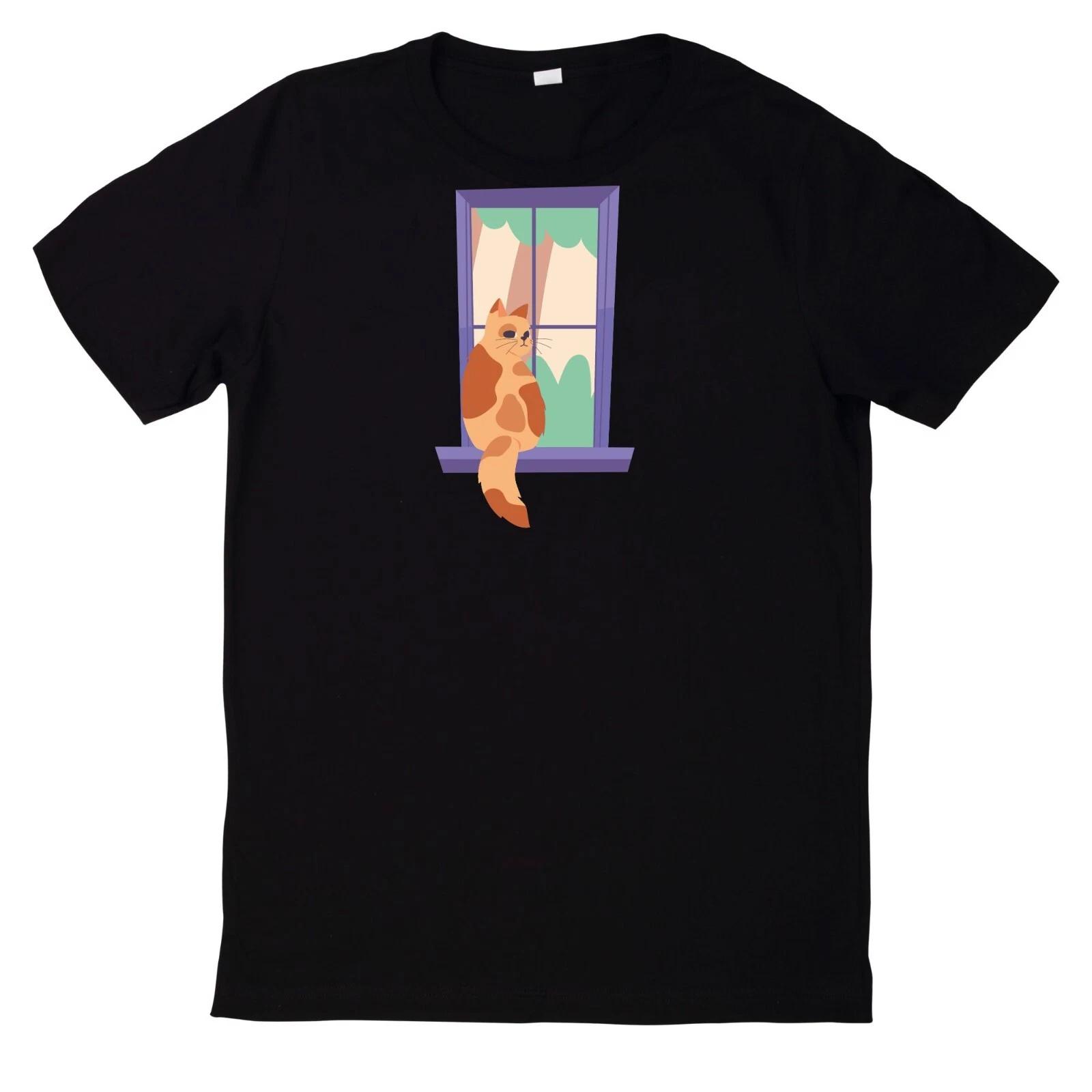 T-Shirt Katze Schaut Aus Dem Fenster Motiv Baumwolle M