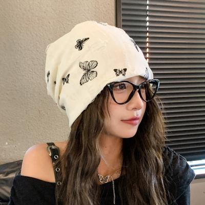 Thickened Fleece Beanies Holes Plush Pullover Hat Soft Butterfly Print Beanies  Female