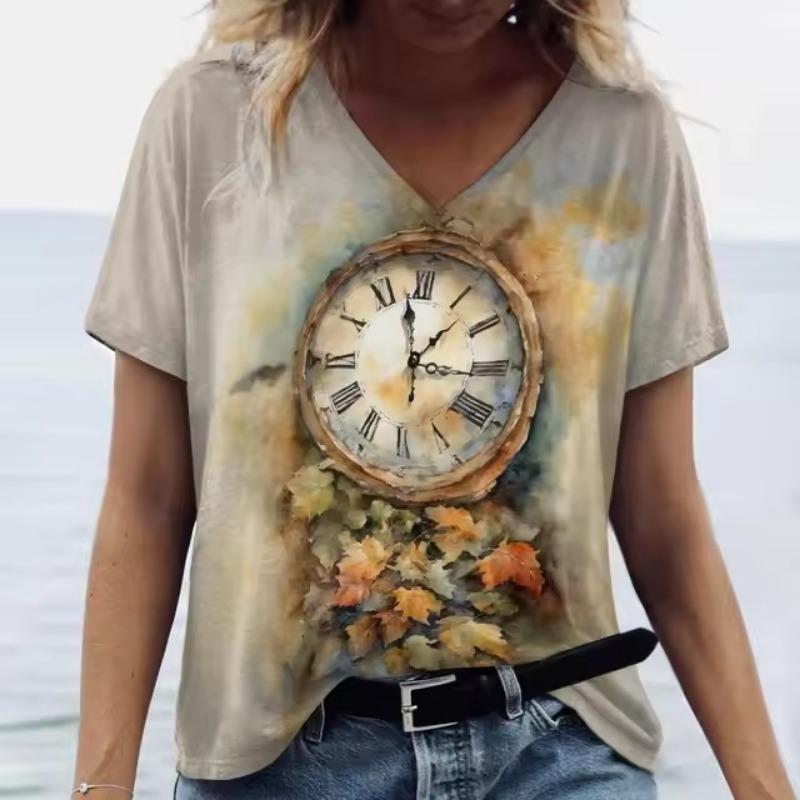 Tricou de damă cu imprimeu 3D, cu litere, cu mânecă scurtă, zilnic, de sfârşit de săptămână, tricou de bază pentru fete, cu decolteu în V, îmbrăcăminte pentru femei, topuri de vară supradimensionate