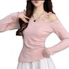Off-the-Shoulder Floral Patchwork Long-Sleeve T-Shirt for Women, Spring/Autumn, Slimming Sweet & Spicy Design