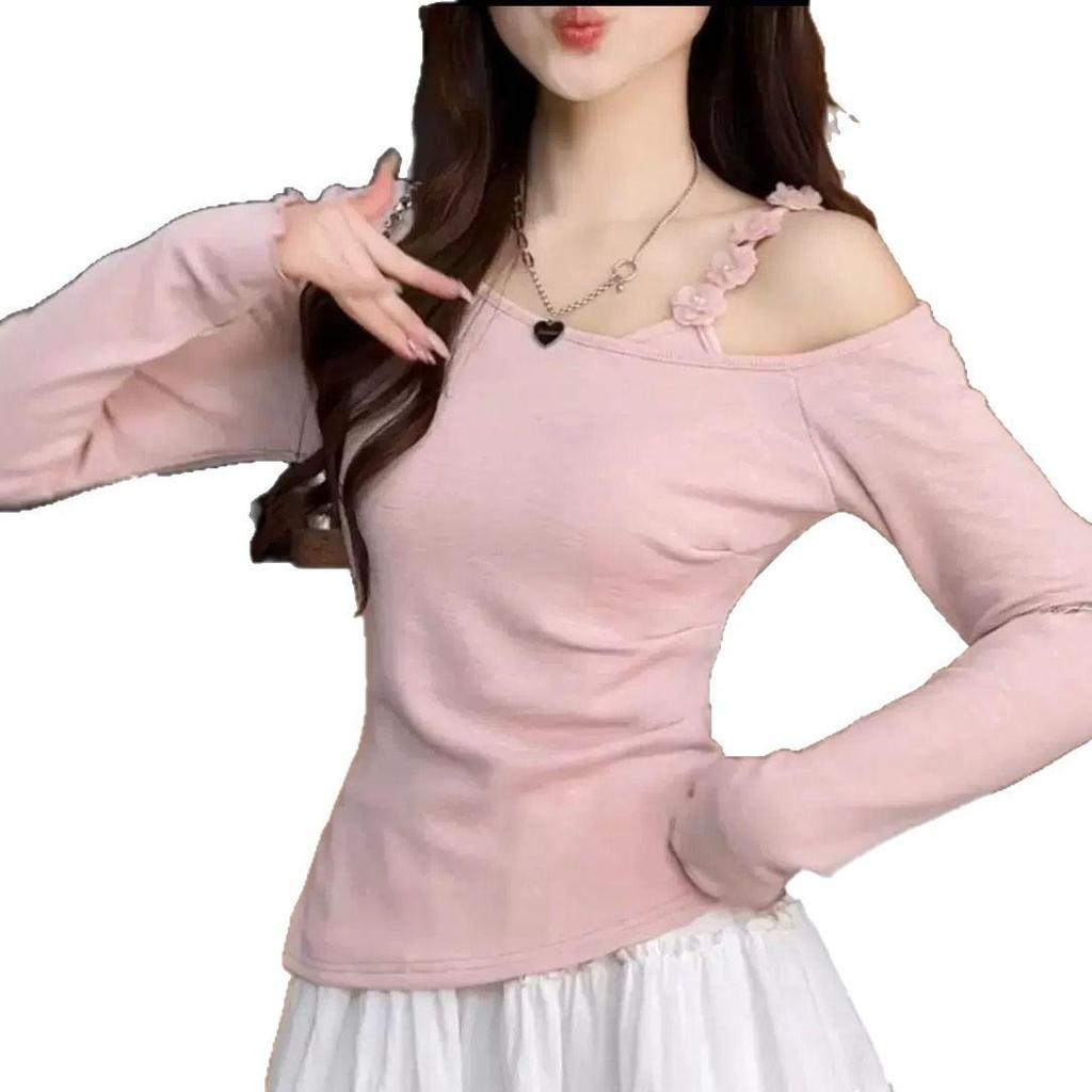 Off-the-Shoulder Floral Patchwork Long-Sleeve T-Shirt for Women, Spring/Autumn, Slimming Sweet & Spicy Design