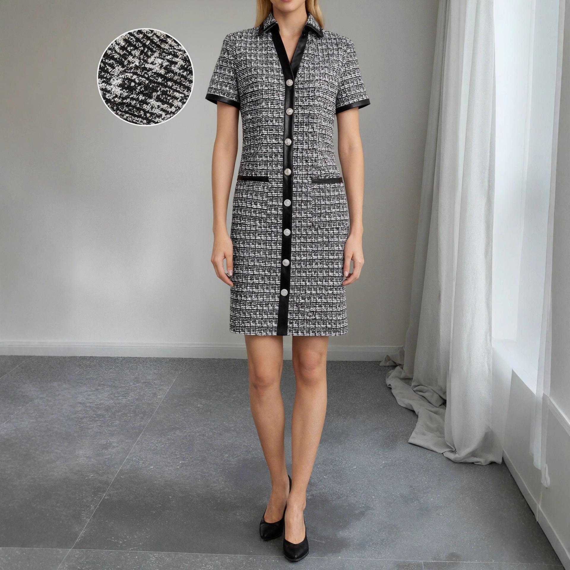 European and American short-sleeved round neck tweed classic plaid lapel slim dress S