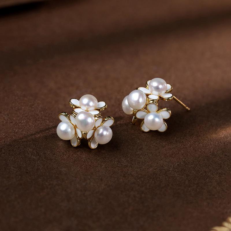 Elegant Enamel Flower Stud Earrings with Freshwater Pearls for Women