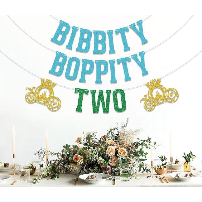 Bibbity Boppity Two Banner,2nd Birthday Party Decor,Two Birthday Decorations,Pumpkin Cart Theme Birthday Decorations Supply Blue & Green