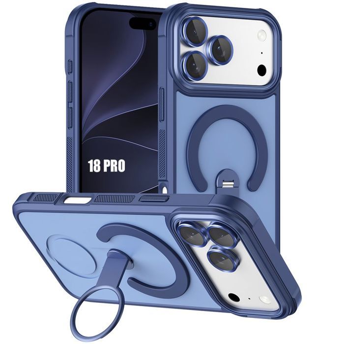 Case for iPhone 18 Pro, Shockproof Bumper with Magnetic Ring and Stand - Navy Blue