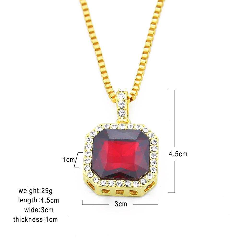 Alloy Necklace Hiphop Hip Hop Square Diamond Ruby Men's European and American Necklace Supply Hot Sale Jewelry