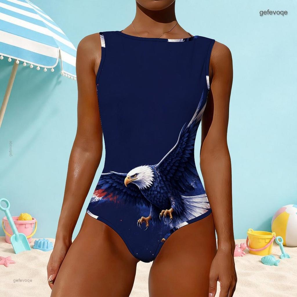Women Plus Size High Round Neck Sleeveless Printed One Piece Swimsuit Red Blue White