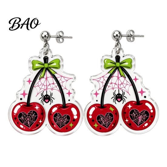 Gift for Girls Friends 1 Pair Acrylic Cherry Earrings Women, 2D Fruit Dangle Drop Spider with Web And Bow, Punk Jewelry Halloween Party Versatile