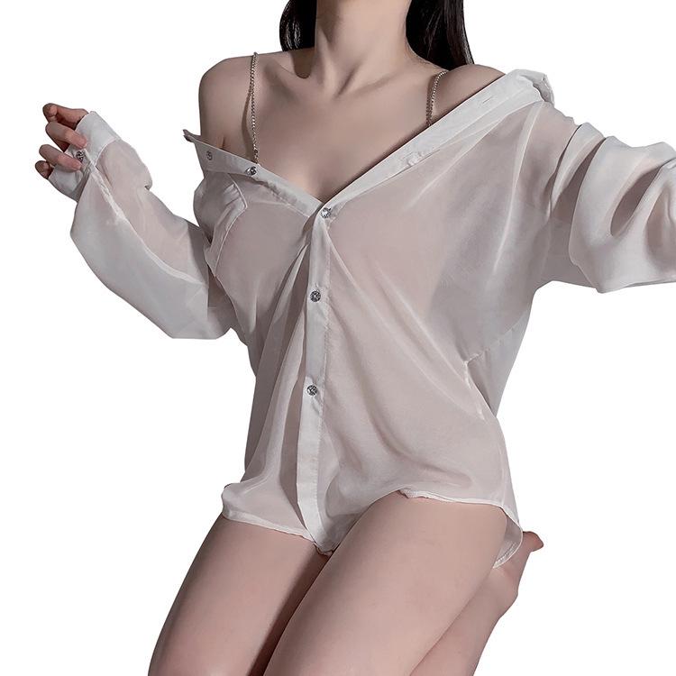 Seductive Diamond Chain Lingerie: See-Through Chiffon Nightdress with Spaghetti Straps, Long Sleeves, and Erotic Appeal.