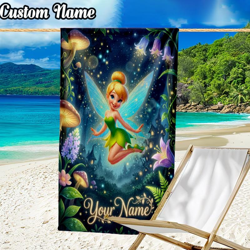 Custom Name Tin-ker Bell Beach Towel - Soft, Ultra-Absorbent Microfiber, Lightweight, Perfect for Beach, Parties, Travel, Camping