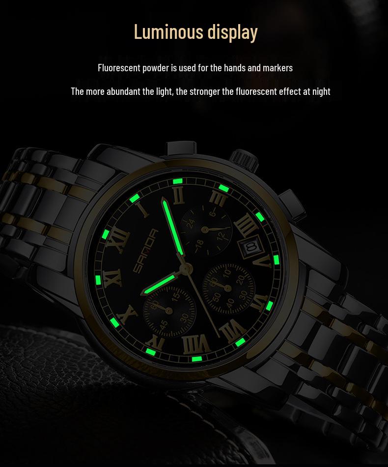 Sanda Men's Waterproof Luminous Quartz Watch - Fashionable Three-Eye Six-Hand Design with Steel Band.