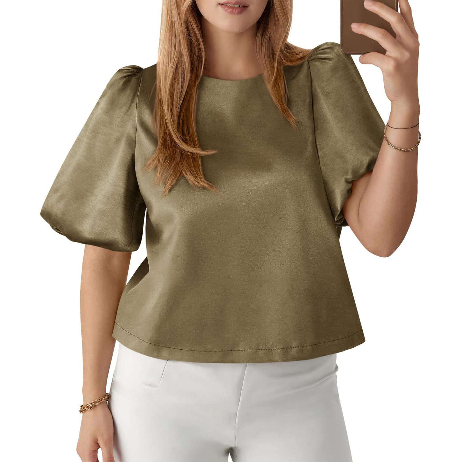 

Women s Fashionable Color Round Neck Bubble Short Sleeved Pullover Top L