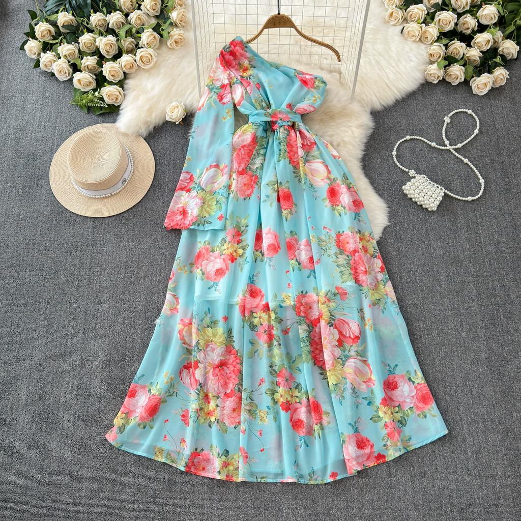 New Summer Holiday Chiffon Dress Women Irregular One Shoulder Flare Sleeve  Floral Print Bow Waist Boho Robe Long Dresses Buy cheaply on Joom
