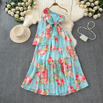New Summer Holiday Chiffon Dress Women Irregular One Shoulder Flare Sleeve Floral Print Bow Waist Boho Robe Long Dresses