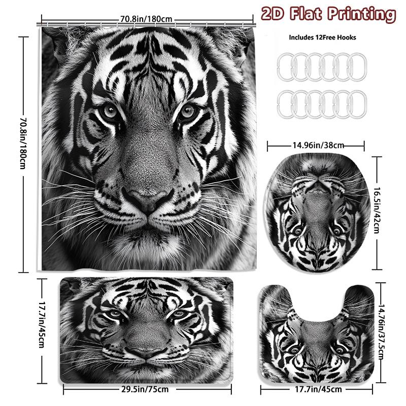4Pcs Tiger Shower Curtain Set with Non-Slip Bath Mat, Toilet Lid Cover, Contour Rug & 12 Hooks, Bathroom Decor