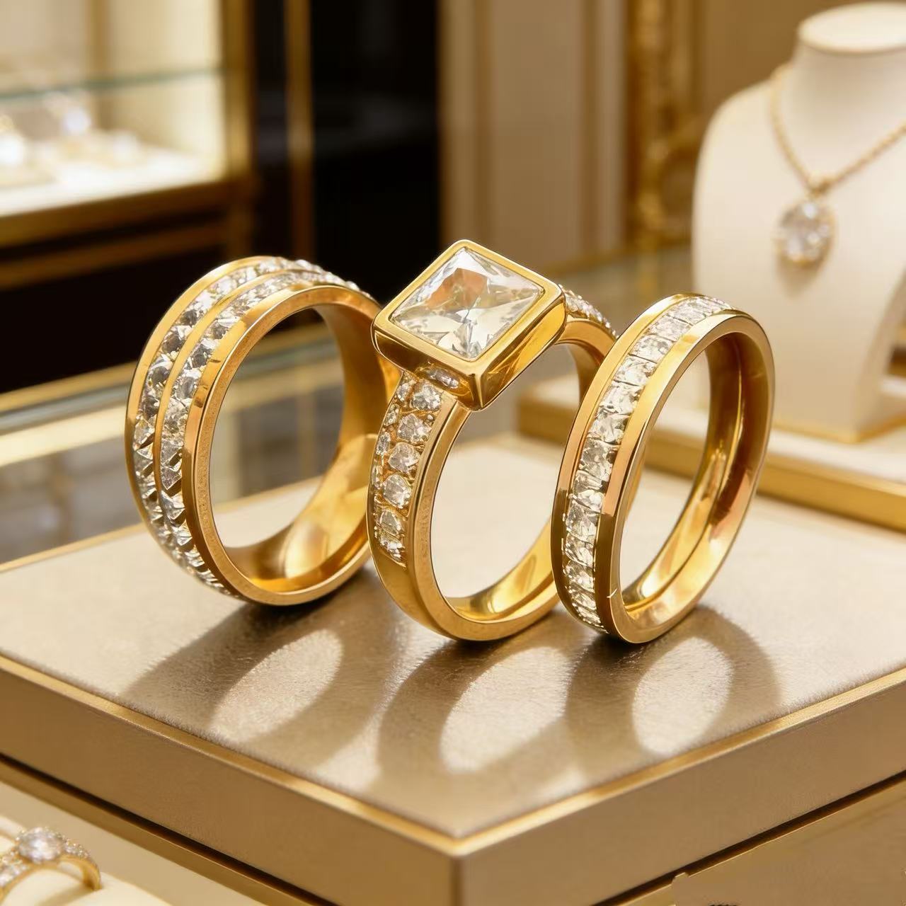 

3PCS Set Gold Plated Zirconia (CZ) Wedding Engagement Band Stainless Steel Ring for Women Classic Jewelry Accessories Gift 6