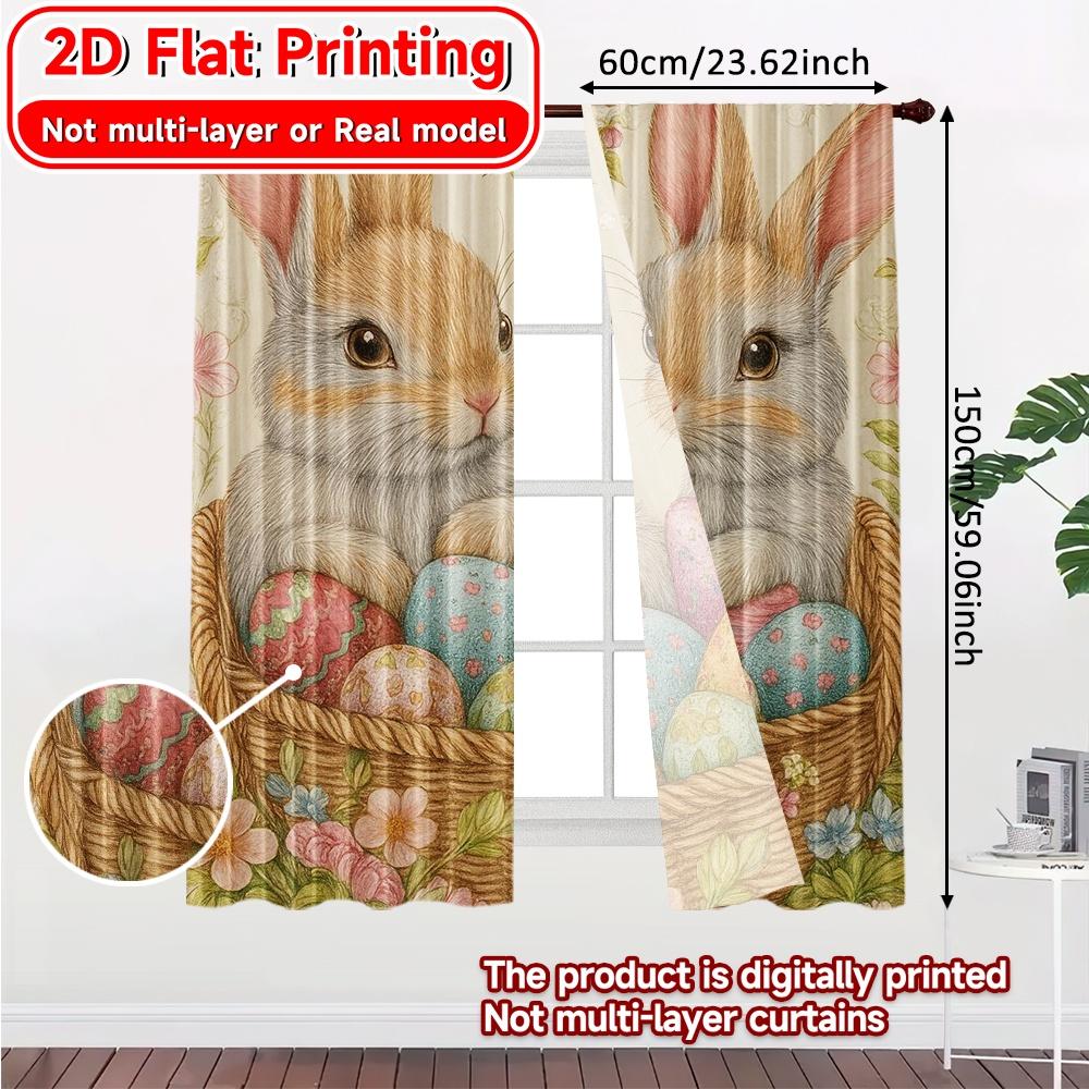Set Of 2 Minimalist Flat Printing Easter Basket Bunnies Chic Curtains Fabric Outdoor Decorations Living Room Curtain Polyester Ideal For Sitting
