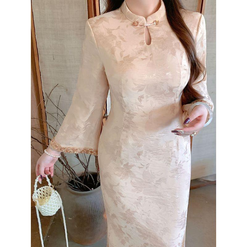 Plus-Size Women's Clothing, New Chinese-Style Improved Cheongsam, Elegant and Slimming Jacquard Stand-Collar Dress for Curvy Women