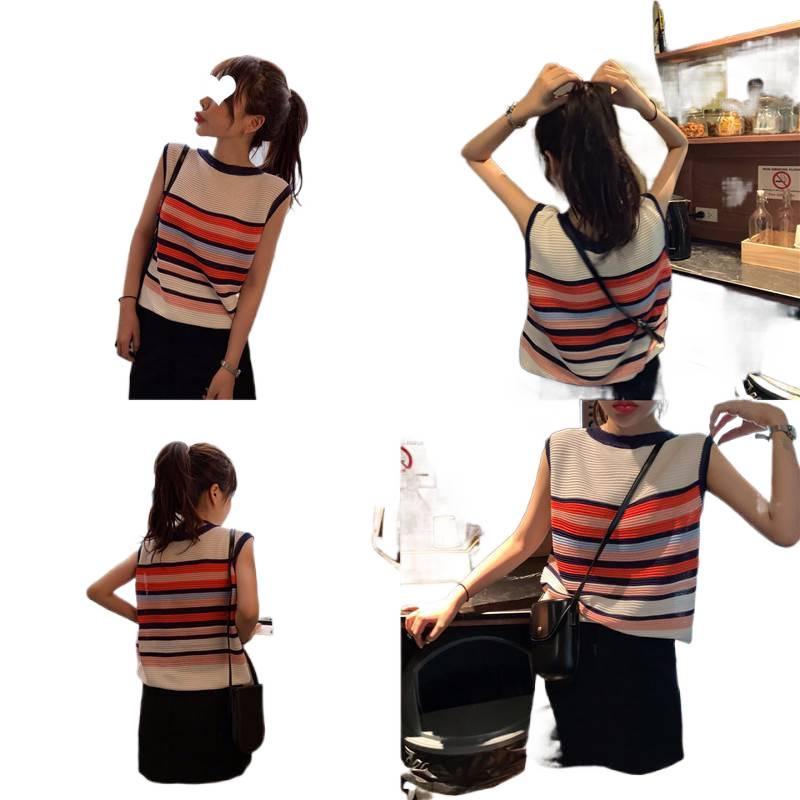 Korean Style Summer Striped Sleeveless Ice Silk Vest for Women