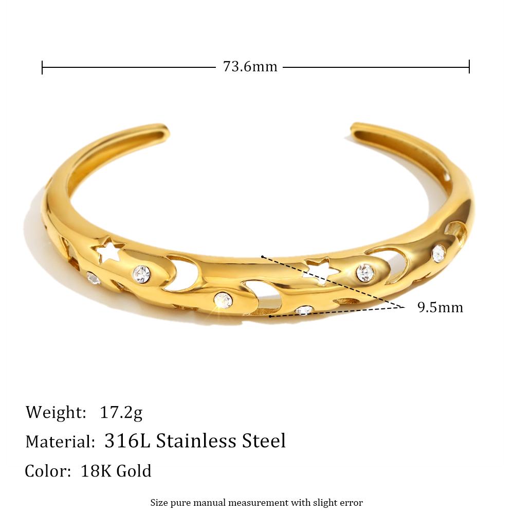 

MamacitaSlay 316L Stainless Steel Star Moon Zircon Open Bracelet Party Waterproof 18K Gold Plated Jewelry Women s Charm Bracelet