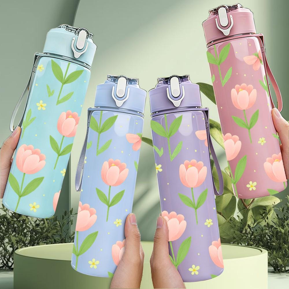 1PC Soft Pink Tulip Floral Seamless Print 750ml Color Plastic Sports Water Bottle Leakproof Flip Straw Lid Suitable for Sports Office Home Use