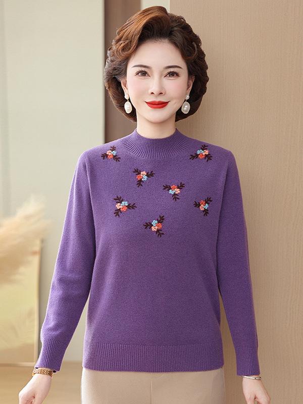 Embroidered High-Neck Pure Wool Sweater for Autumn/Winter - Elegant Base Layer for Middle-Aged & Elderly