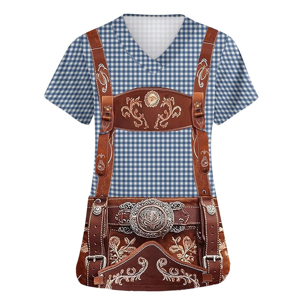 Women's V Neck Short Sleeve Work Shirt with Pockets Oktoberfest Print Top Medical Nurse Uniform Scrub Tee for Healthcare Professionals