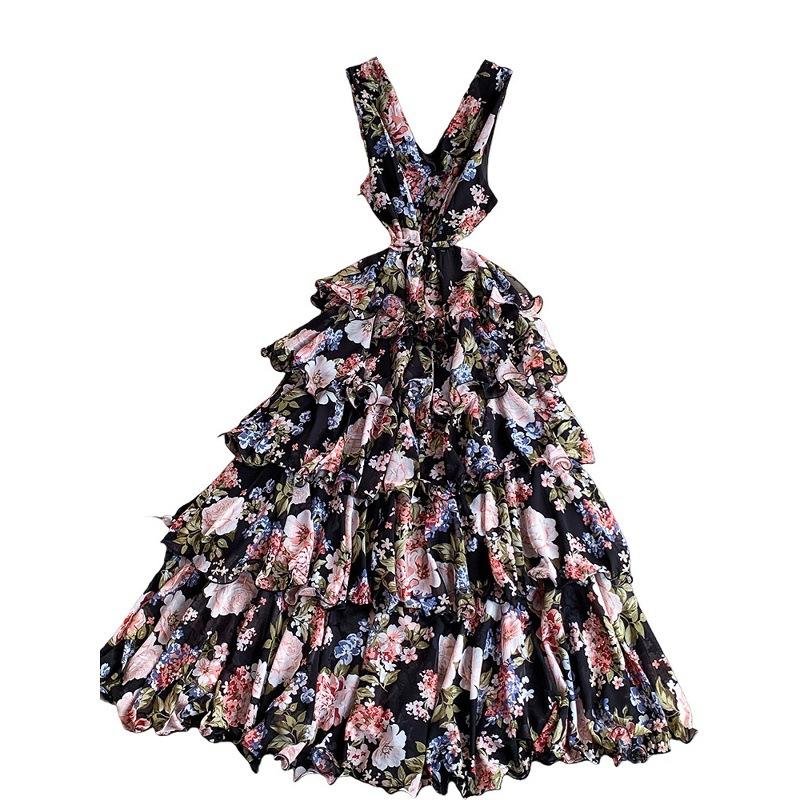 French Romantic Style Printed V-Neck Vest Dress Female Summer Vacation Skinny Temperament Elegant Fairy Cake Dress