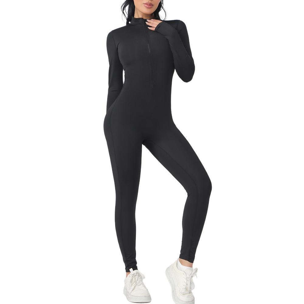Women's European & American Zipper Jumpsuit Yoga Suit: Long Sleeve, Long Pants Bodysuit, Body-Shaping Fitness & Dancewear