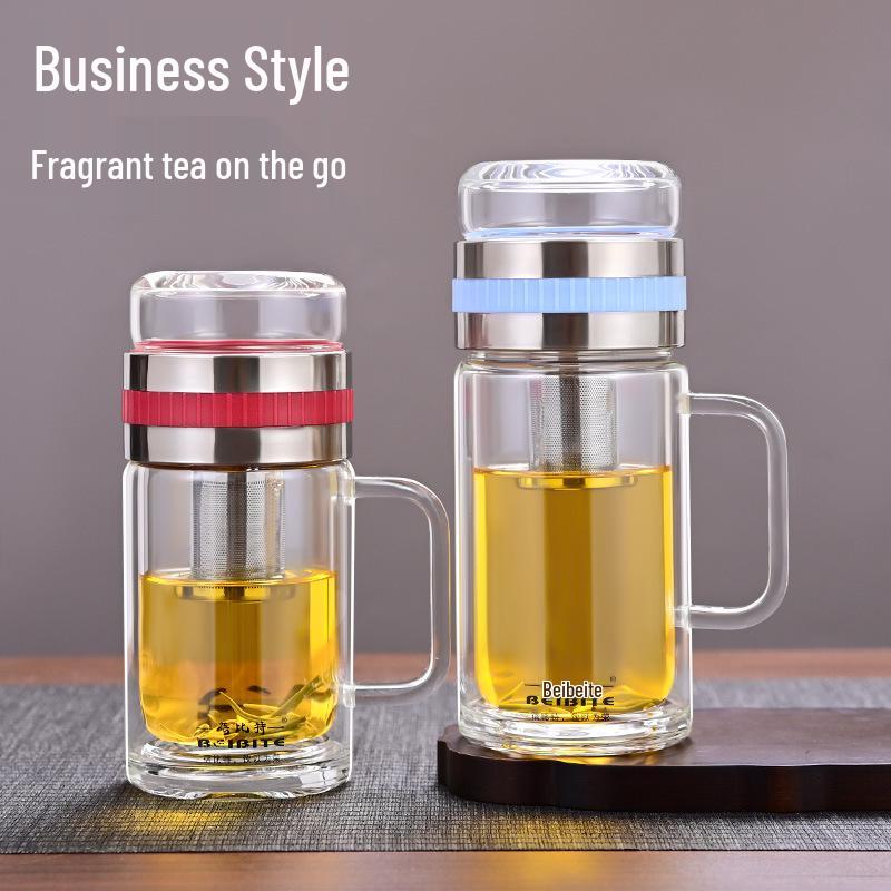High Temperature Resistant Large Capacity Glass Tea Cup with Infuser, Double-Walled, Heat Insulated, and Portable Borosilicate Glass.