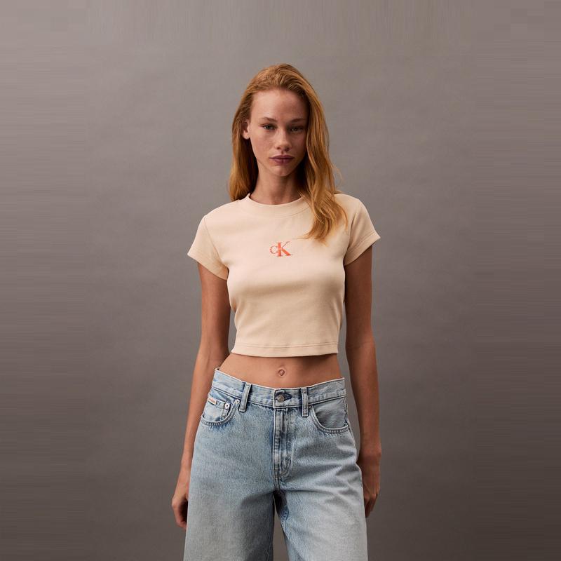 Calvin Klein Vitality Girl Short Ribbed Slim Fit Off-Shoulder Short Sleeve T-Shirt Women Tops 47AB802-RM7