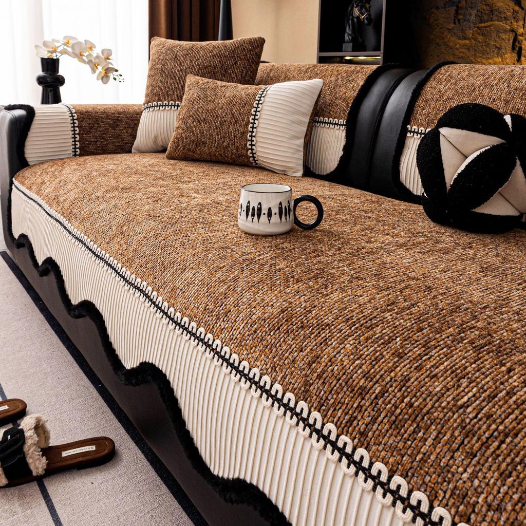 Four Season Universal Chenille Sofa Cover Light Luxury Retro Fixed Anti Slip Straight Row Sofa Cushion Cover Machine Washable