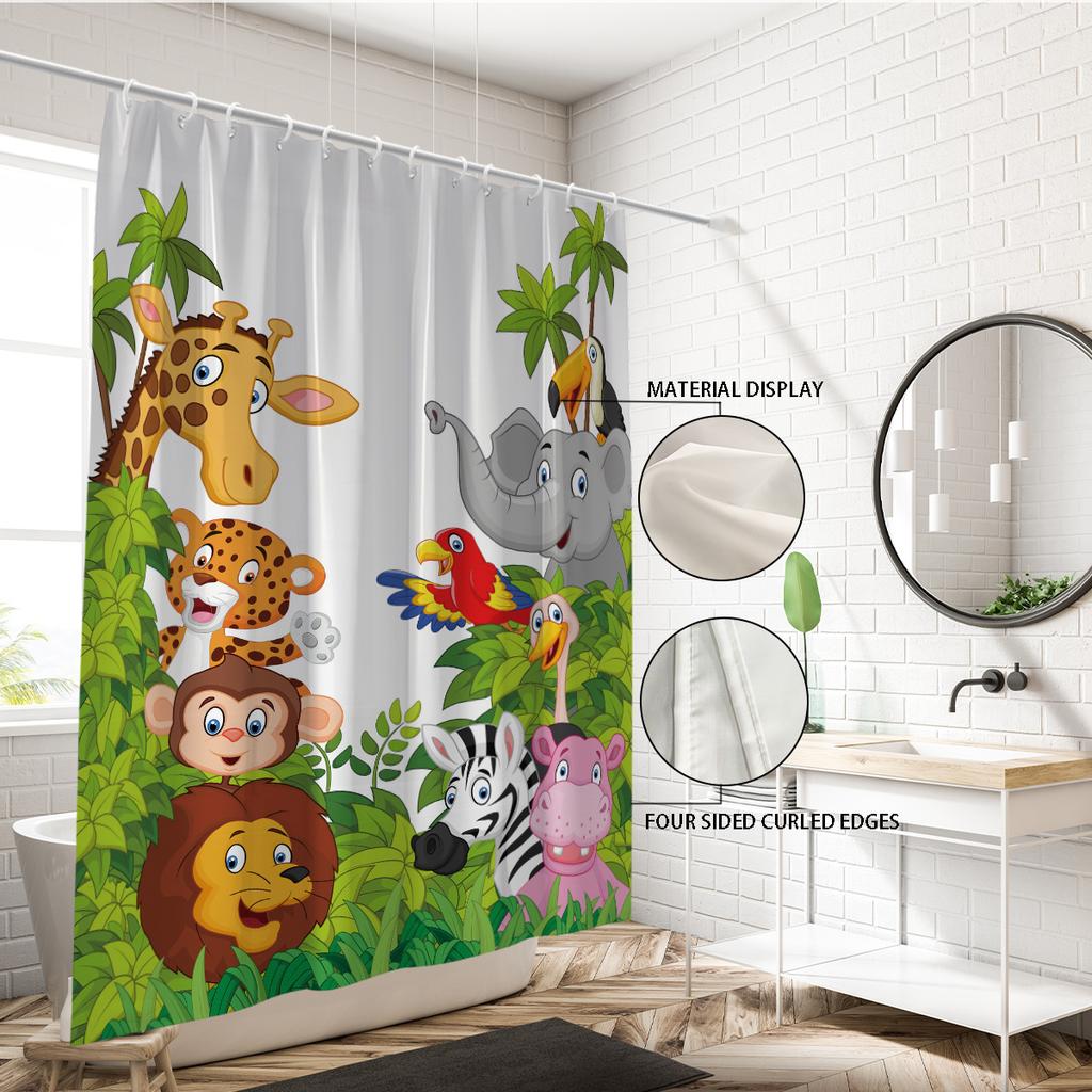 1pc Zoo Printed Waterproof Shower Curtain Bathe Partition Privacy Hanging Curtain with 12 Hooks Multiple Sizes Machine Washable