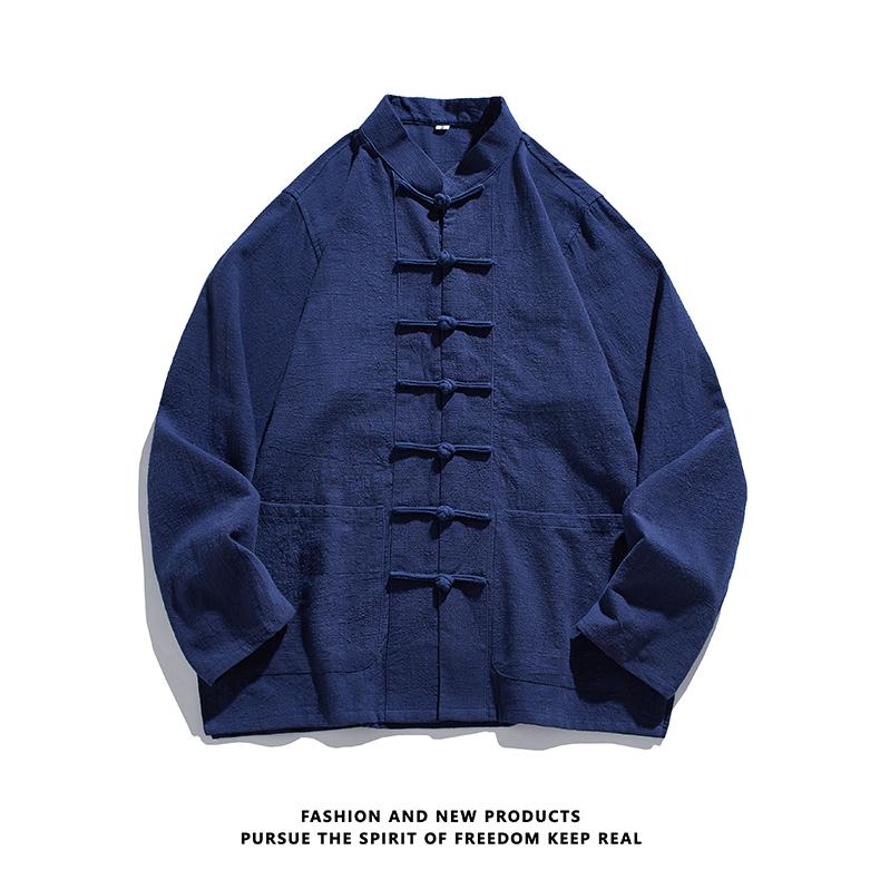 Herbst Herren Einfarbiges Hemd Herren Langarm Chinesischer Stil Hemden Tang Anzug Herren Retro Kung Fu Tai Chi Oberteile Weiße Hemden
