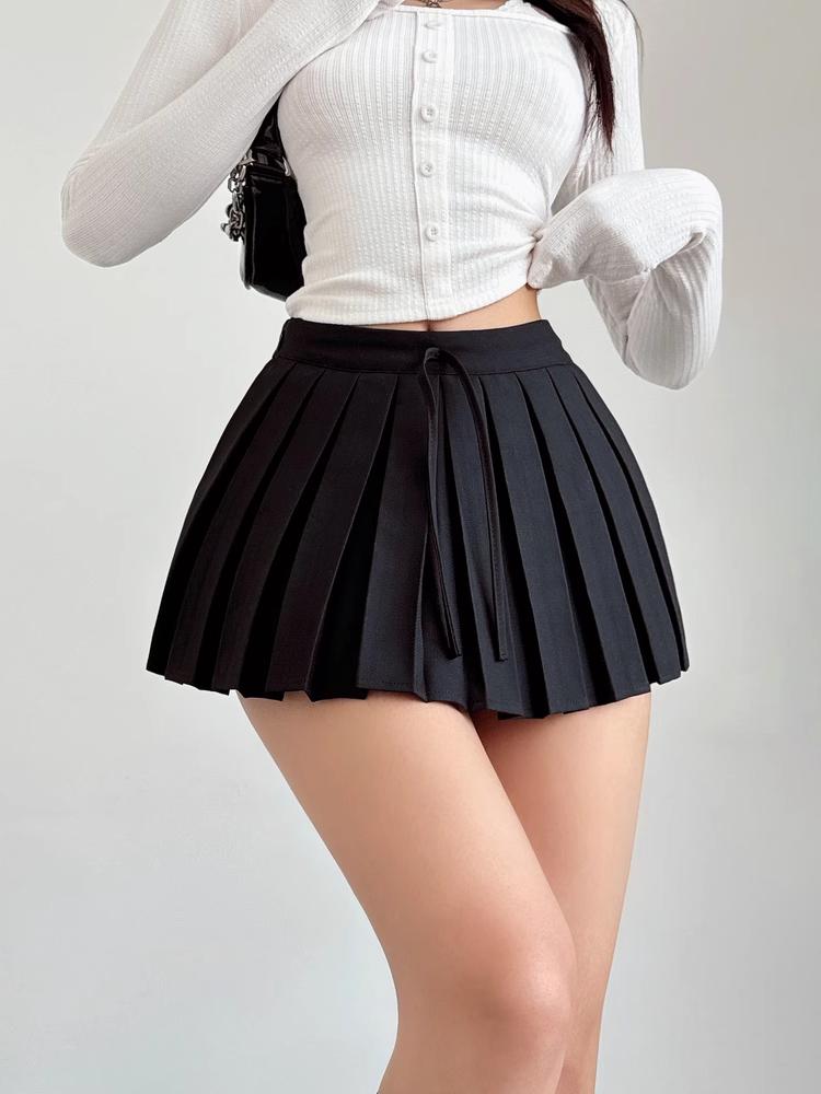 Šedá skládaná sukně Dámské Šněrovací Léto Preppy Styl Nízký pas Y2K Mini Krátké sukně Culottes Bílé