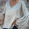 Solid Color Women Blouse Lantern Long Sleeve Simple Satin V-Neck Autumn