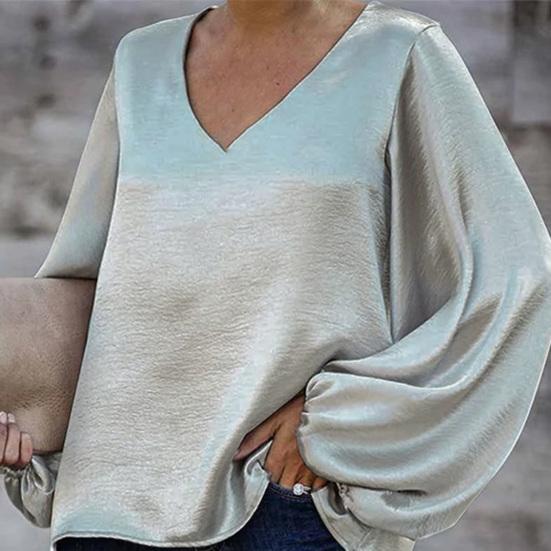 Solid Color Women Blouse Lantern Long Sleeve Simple Satin V-Neck Autumn